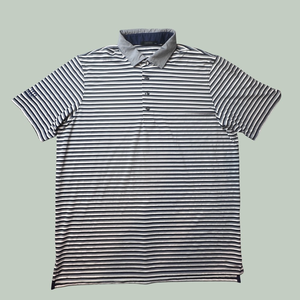 Greyson Polo Shirt Mens XXL Performance Striped Navy Grey Short Sleeve Golf